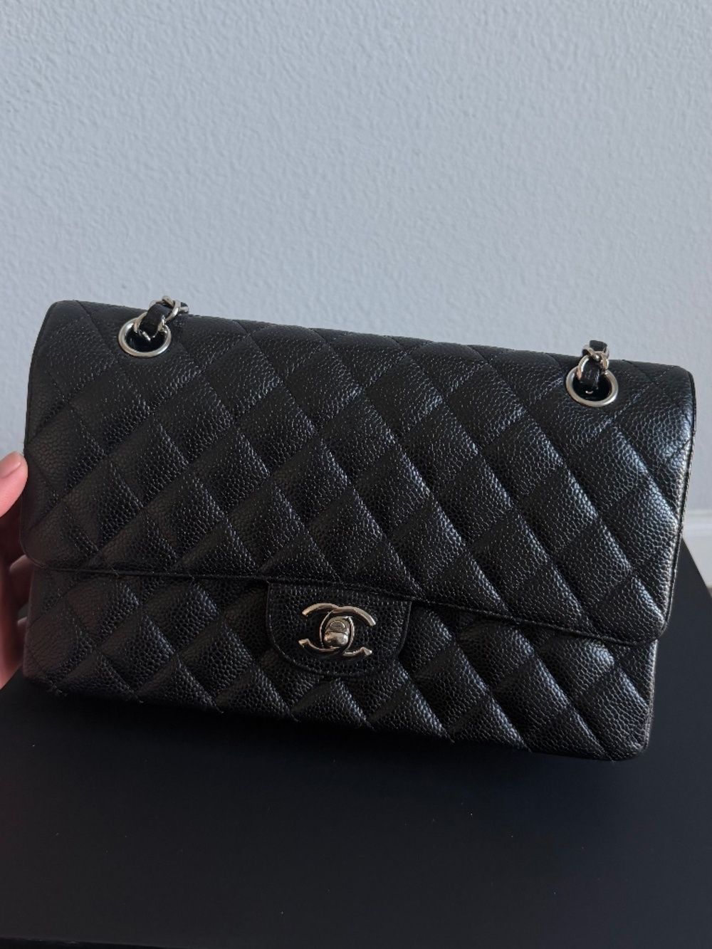 Chanel Classic Double Flap Bag – Black Caviar Leather with Silver Hardware